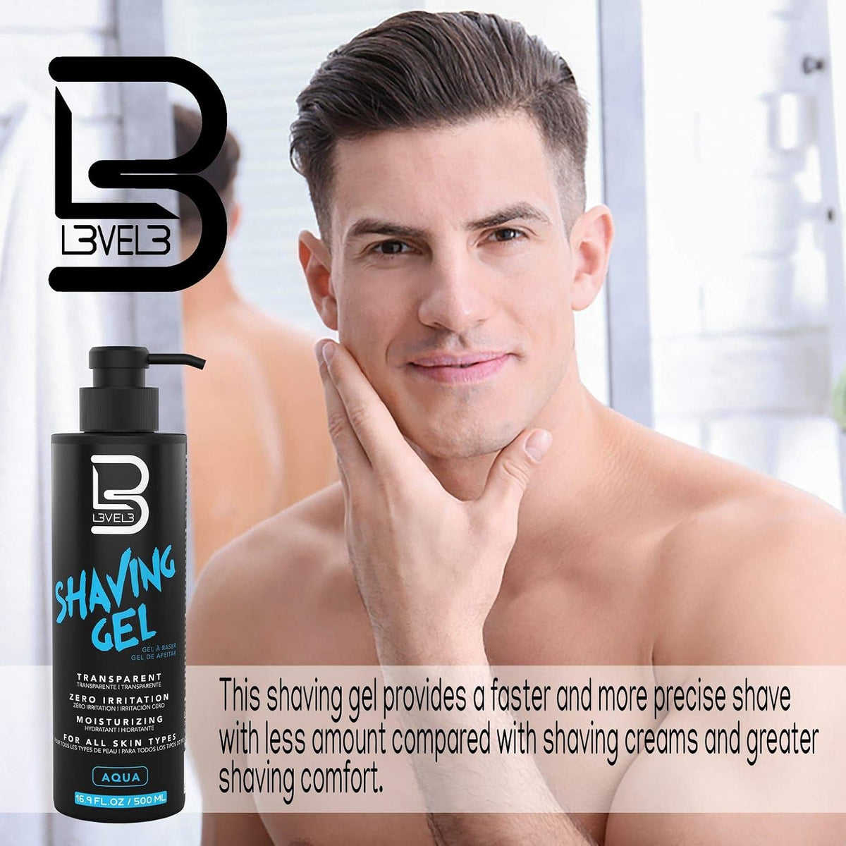 L3 Level 3 Clear Shaving Gel for Men, Non-Foaming, Aqua, 16.9 fl oz
