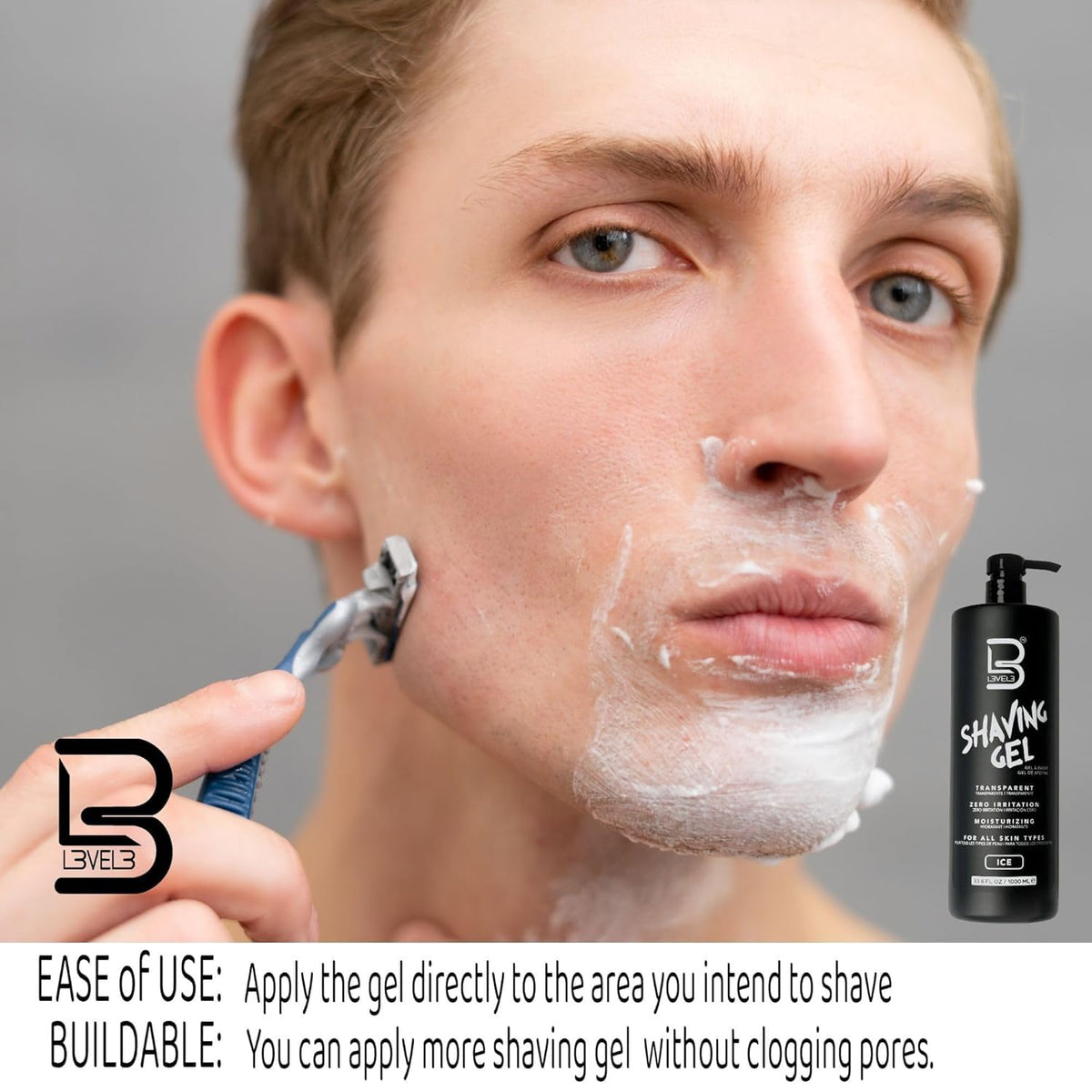 L3 Level 3 Clear Shaving Gel for Men, Non-Foaming, Aqua, 16.9 fl oz