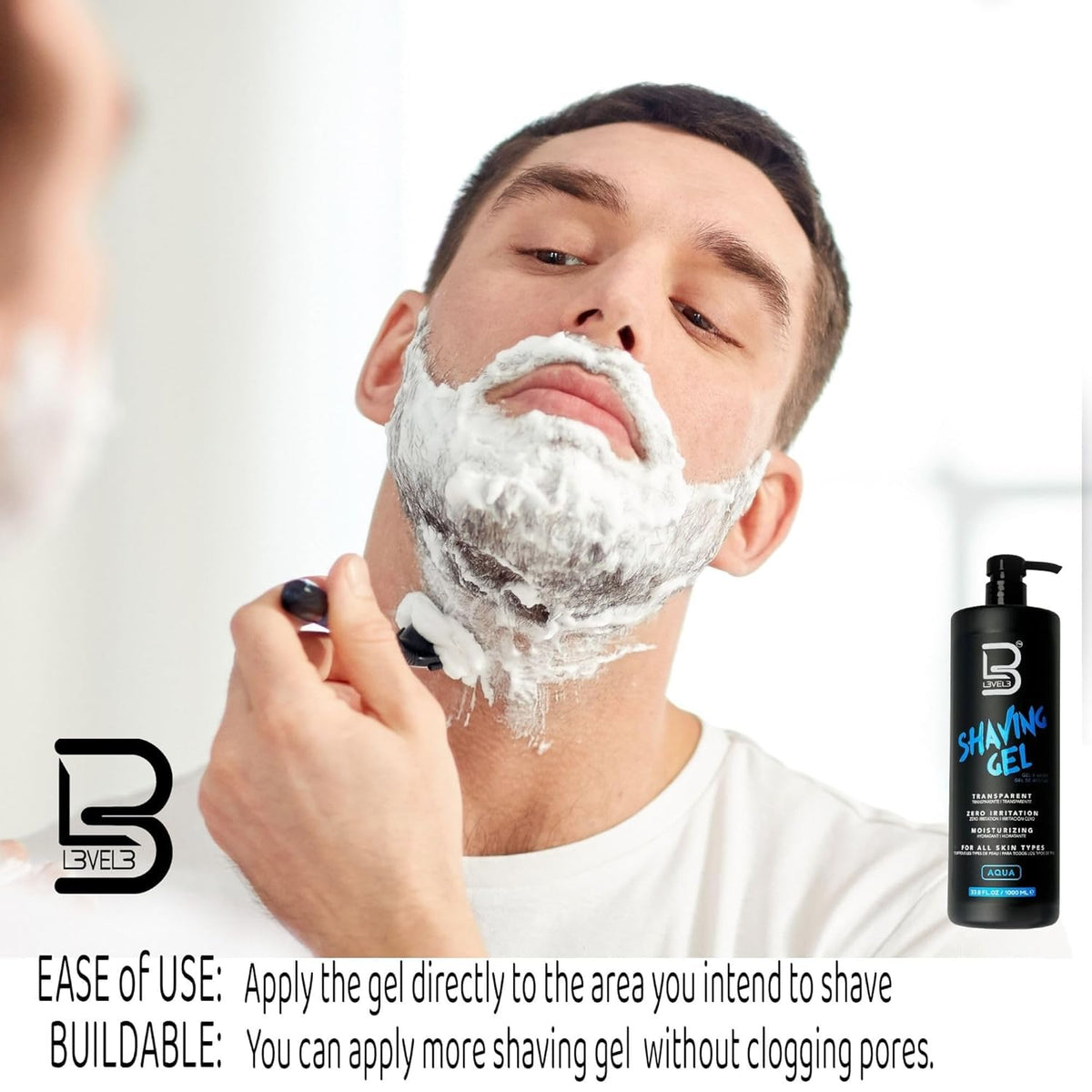 L3 Level 3 Clear Shaving Gel for Men, Non-Foaming, Aqua, 16.9 fl oz