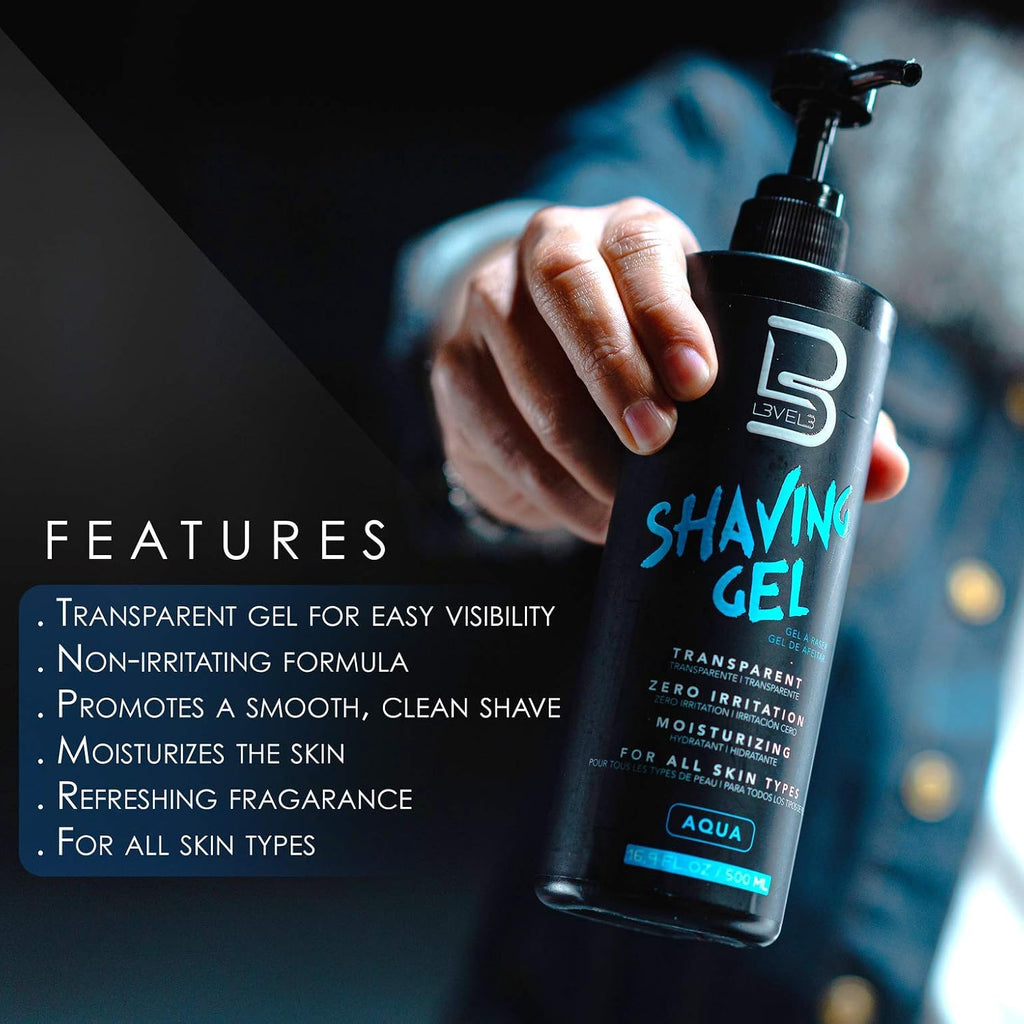 L3 Level 3 Clear Shaving Gel for Men, Non-Foaming, Aqua, 16.9 fl oz