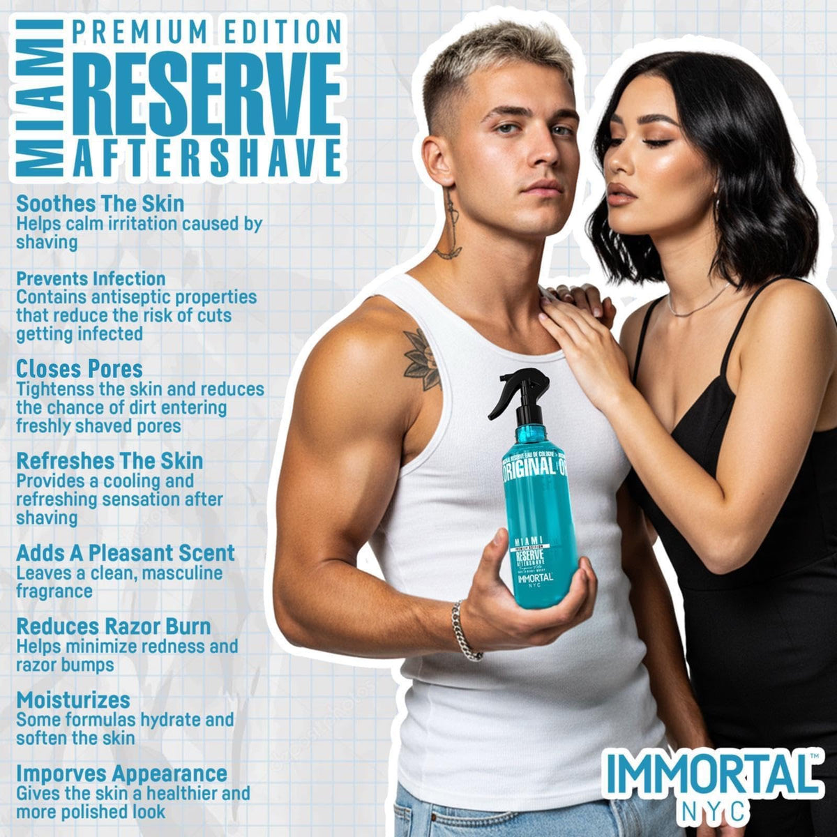 Immortal NYC Reserve New York, Aftershave Spray Body/Face Men's Cologne, 13.5 oz / 400 ml, Barbers, Softens Skin, Refreshes, Revitalizes and Relieves Face and Skin, Moisturizing Formula After Shaving