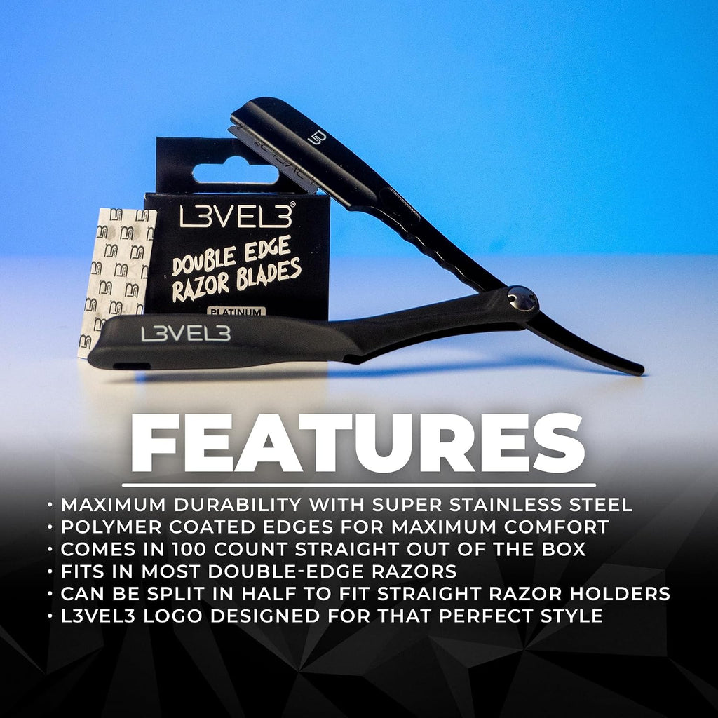 L3 Level 3 Double Edge Razor Blades,Platinum-Coated, Close Shave, 100 Count